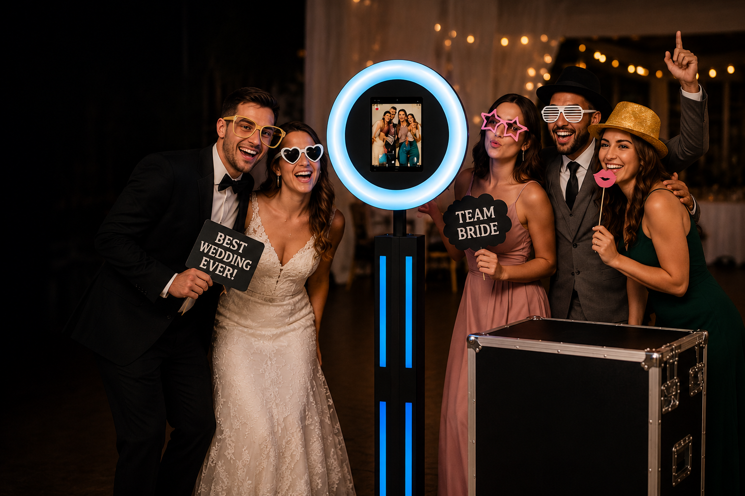 Wedding guests enjoying a photobooth