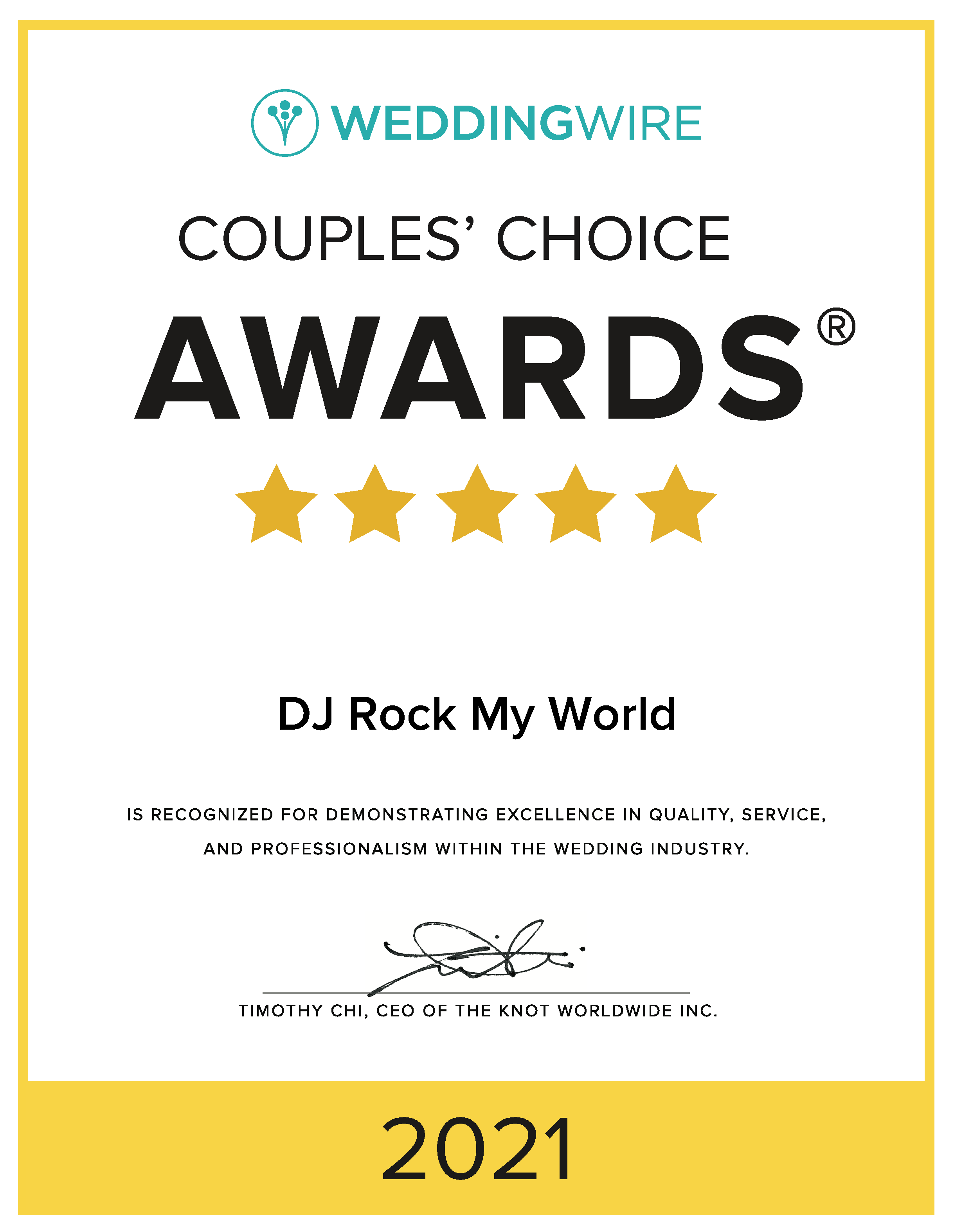 DJ Rock My World, LLC Wins WeddingWire “Couples’ Award” Again!